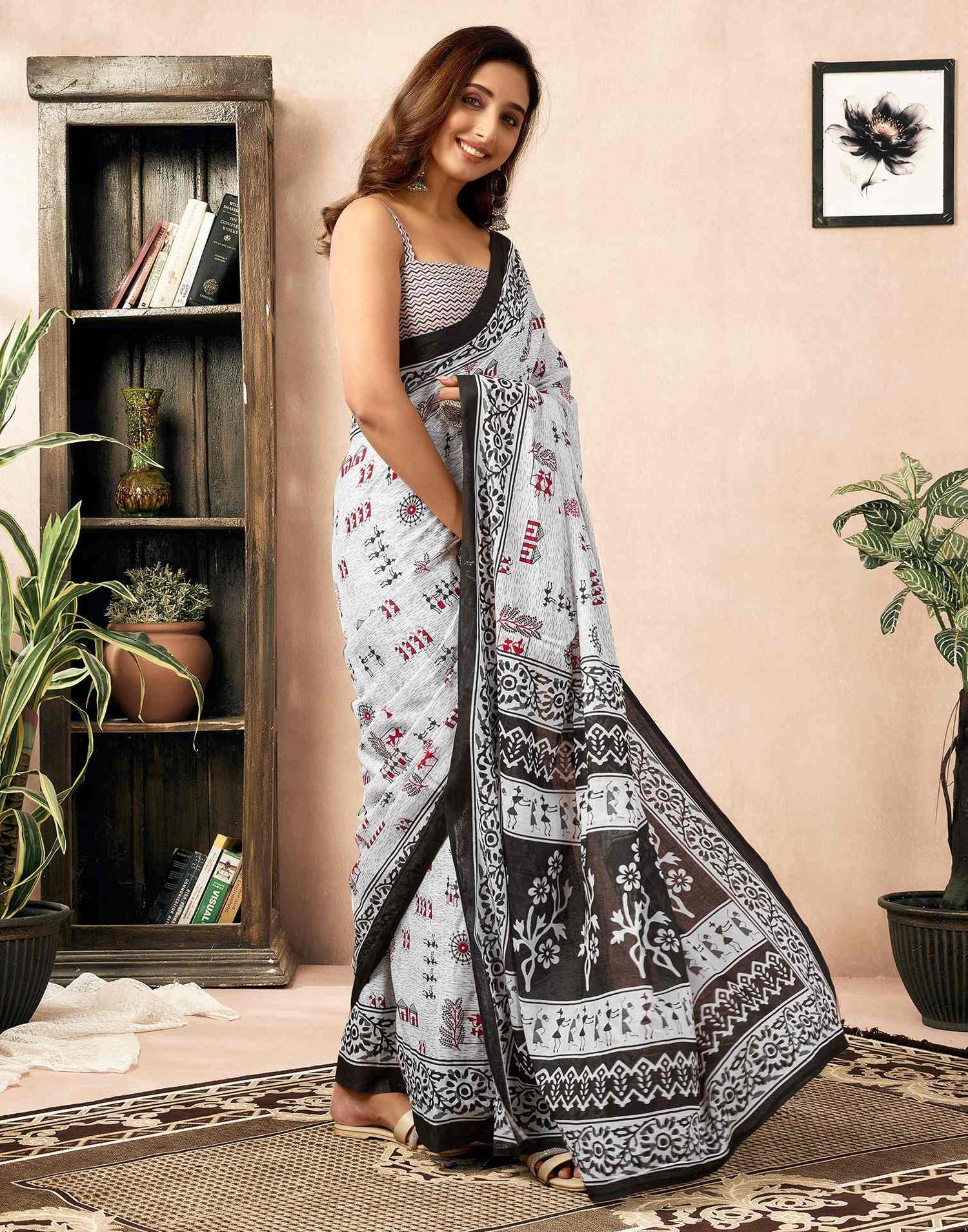 Ready To Wear White Cotton Printed Saree