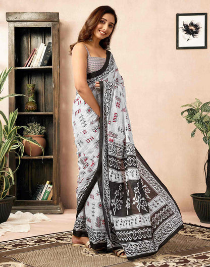 Ready To Wear White Cotton Printed Saree