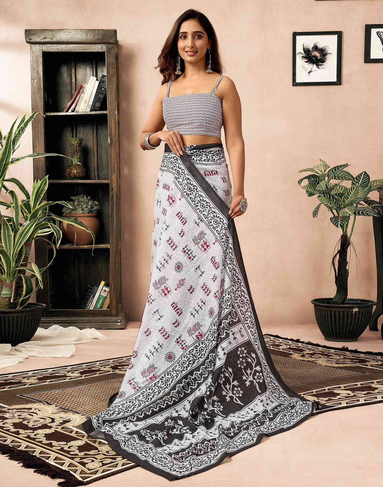 Ready To Wear White Cotton Printed Saree