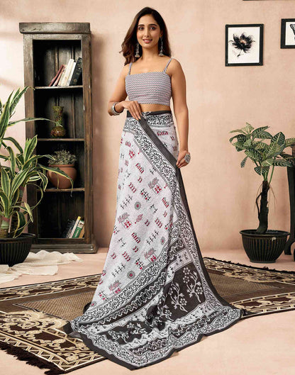 Ready To Wear White Cotton Printed Saree