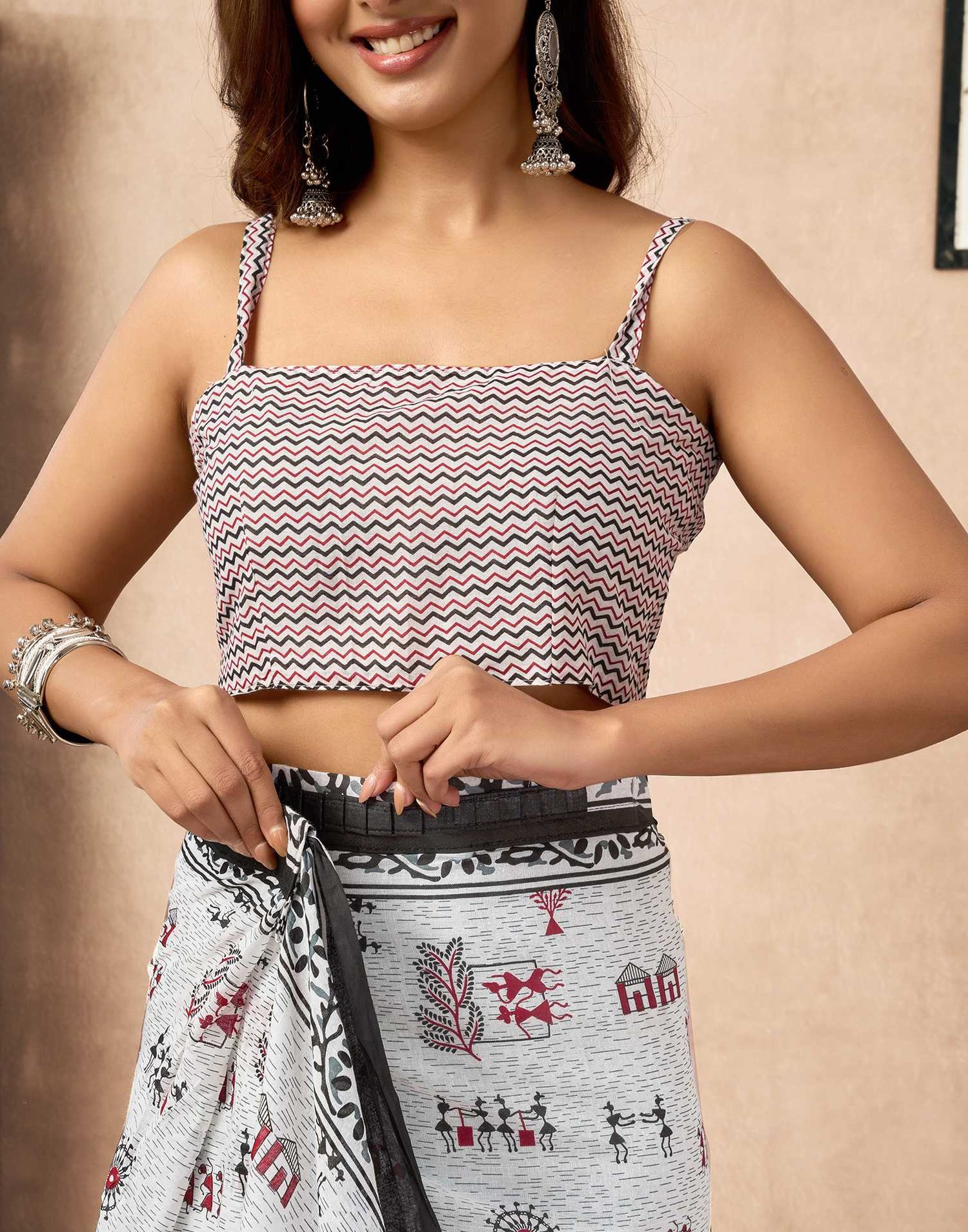Ready To Wear White Cotton Printed Saree