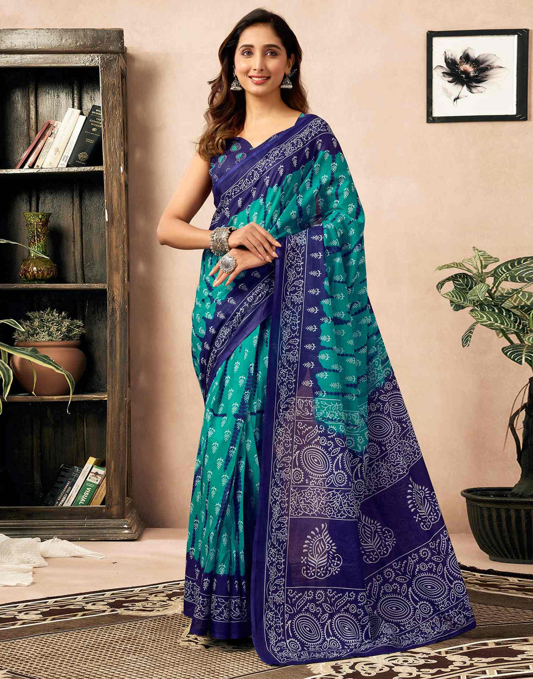 Ready To Wear Teal Green Cotton Ikkat Printed Saree