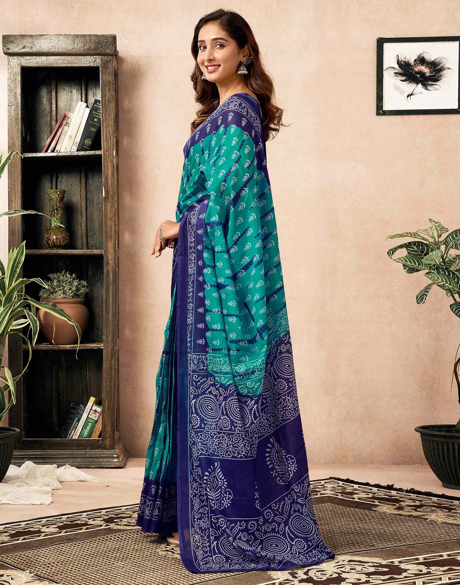 Ready To Wear Teal Green Cotton Ikkat Printed Saree
