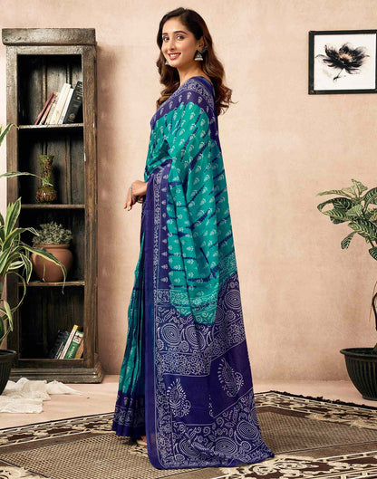 Ready To Wear Teal Green Cotton Ikkat Printed Saree