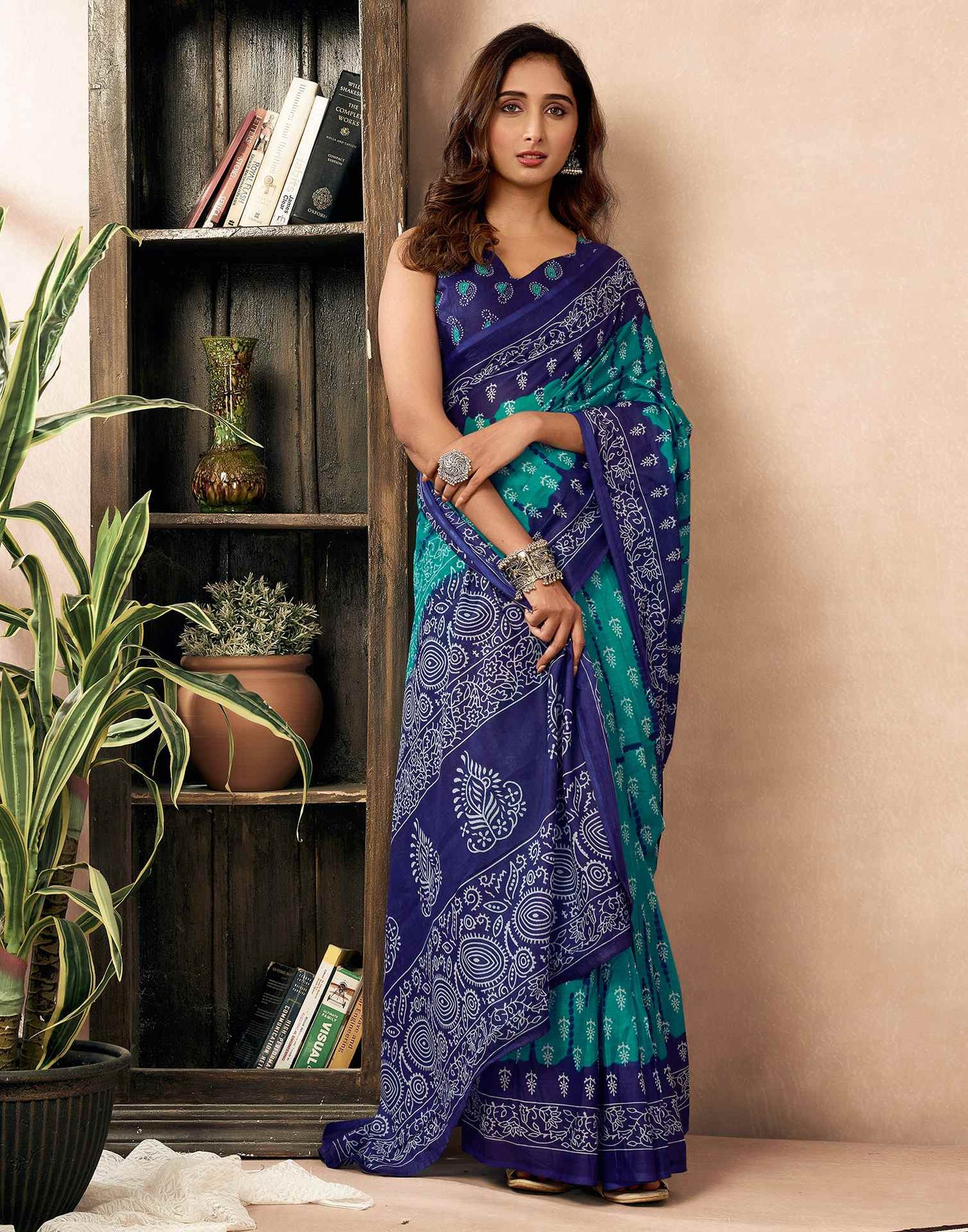 Ready To Wear Teal Green Cotton Ikkat Printed Saree