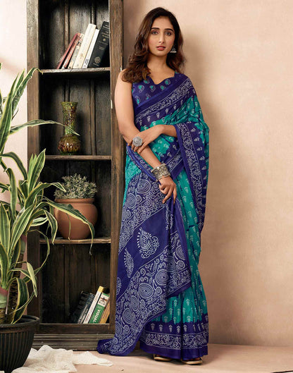 Ready To Wear Teal Green Cotton Ikkat Printed Saree