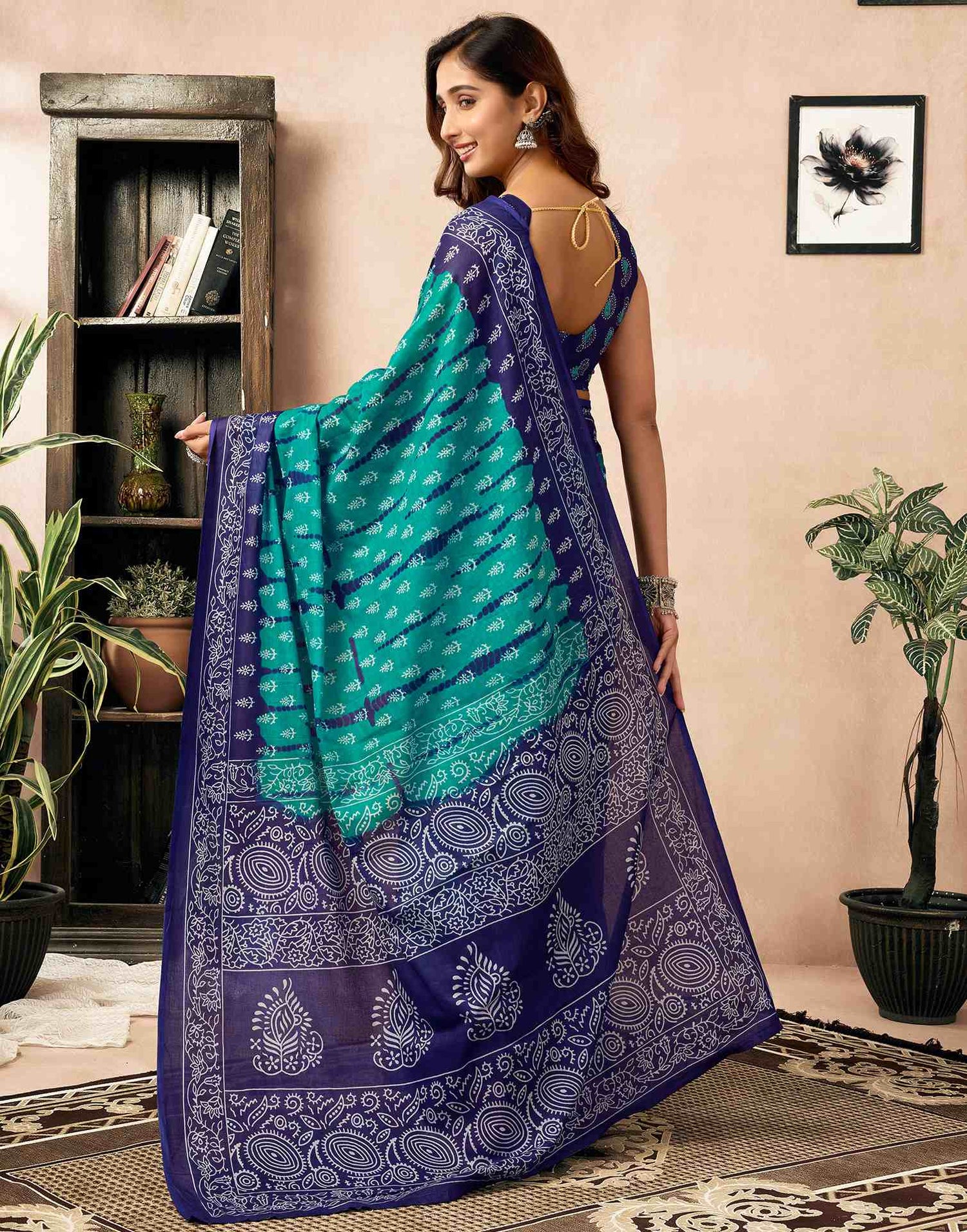 Ready To Wear Teal Green Cotton Ikkat Printed Saree