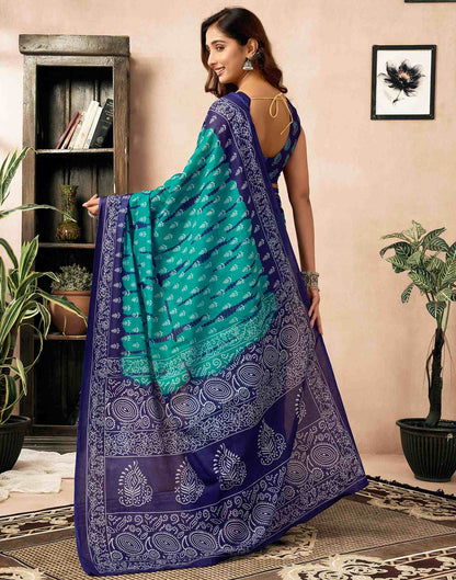 Ready To Wear Teal Green Cotton Ikkat Printed Saree