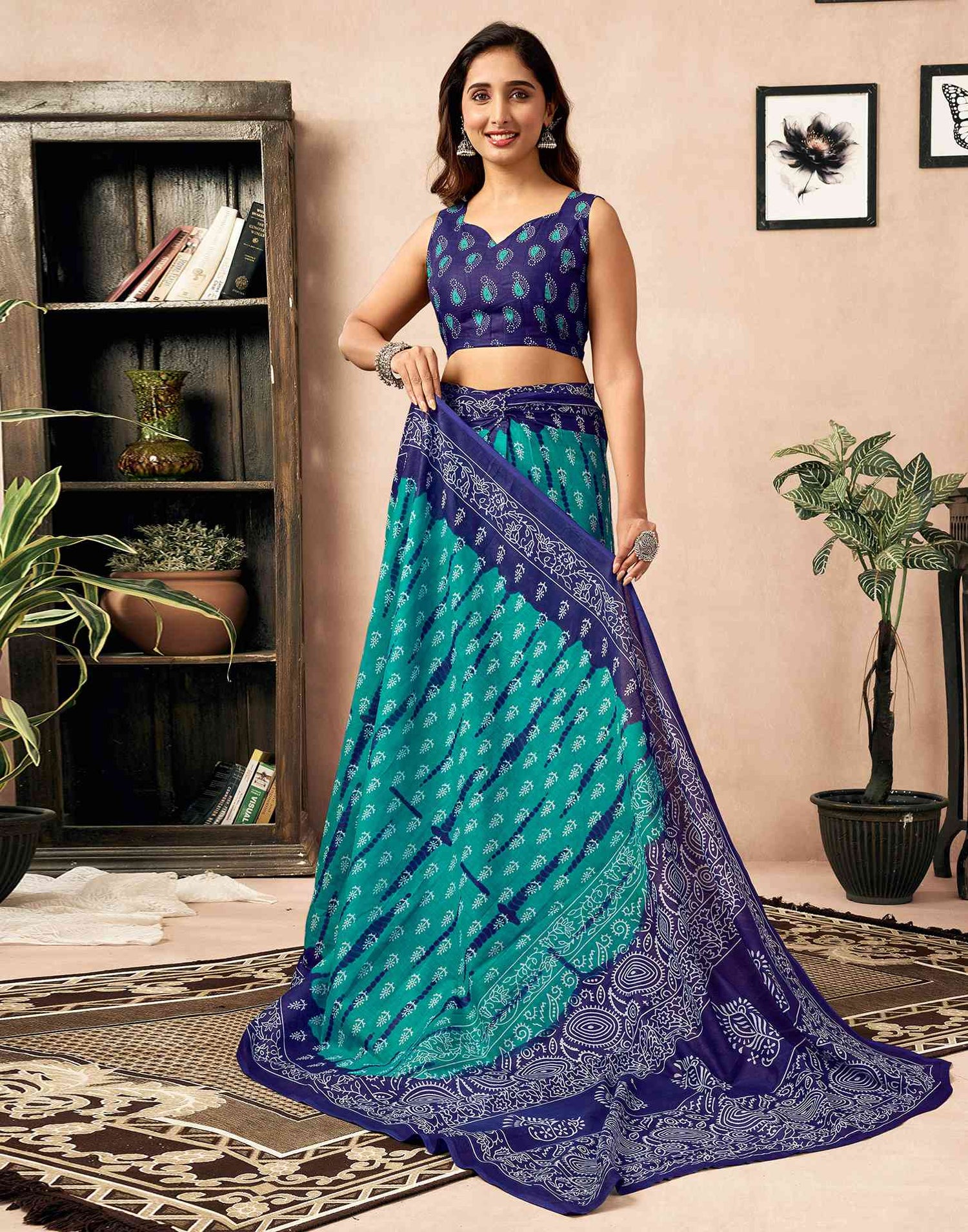 Ready To Wear Teal Green Cotton Ikkat Printed Saree