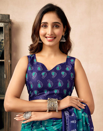 Ready To Wear Teal Green Cotton Ikkat Printed Saree