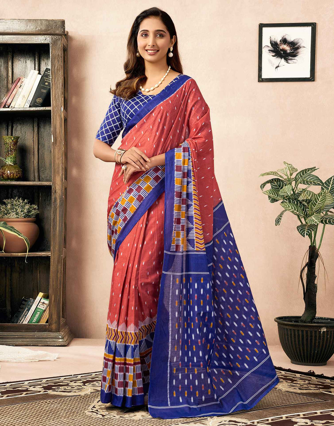 Ready To Wear Dusty Orange Cotton Printed Saree