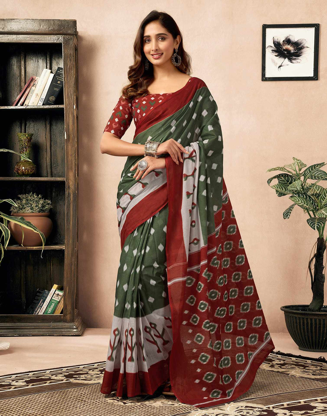 Ready To Wear Olive Green Cotton Ikkat Printed Saree With Pocket