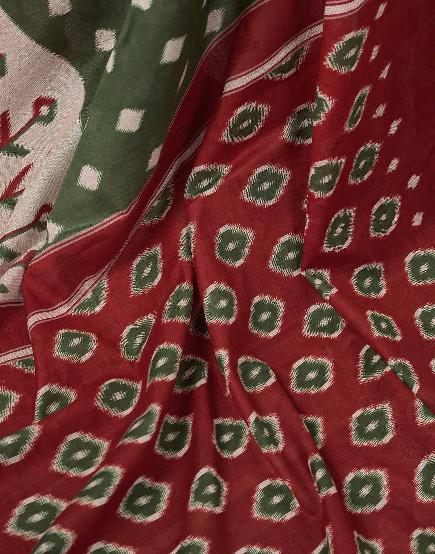 Ready To Wear Olive Green Cotton Ikkat Printed Saree With Pocket