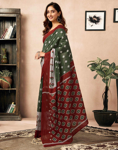 Ready To Wear Olive Green Cotton Ikkat Printed Saree With Pocket