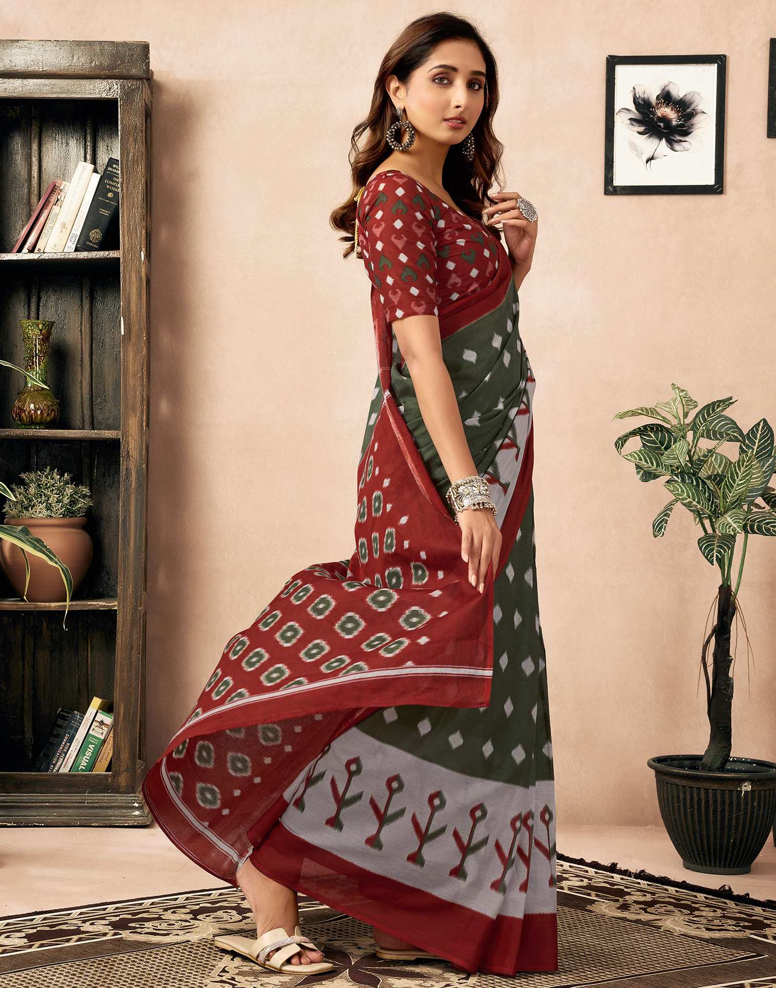 Ready To Wear Olive Green Cotton Ikkat Printed Saree With Pocket