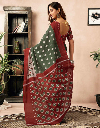 Ready To Wear Olive Green Cotton Ikkat Printed Saree With Pocket