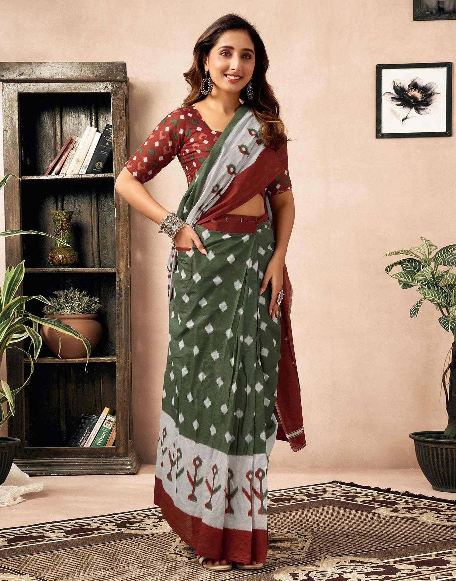 Ready To Wear Olive Green Cotton Ikkat Printed Saree With Pocket