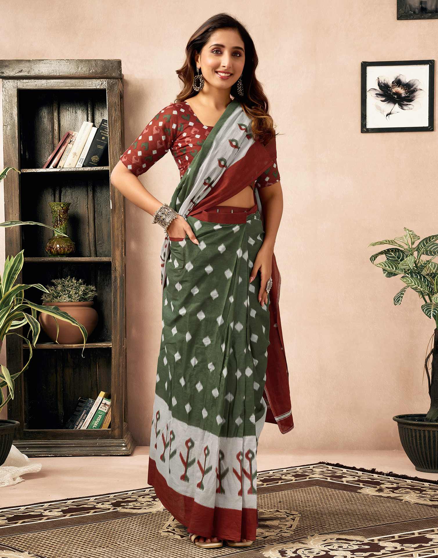 Ready To Wear Olive Green Cotton Ikkat Printed Saree With Pocket
