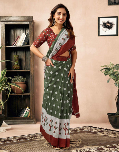 Ready To Wear Olive Green Cotton Ikkat Printed Saree With Pocket
