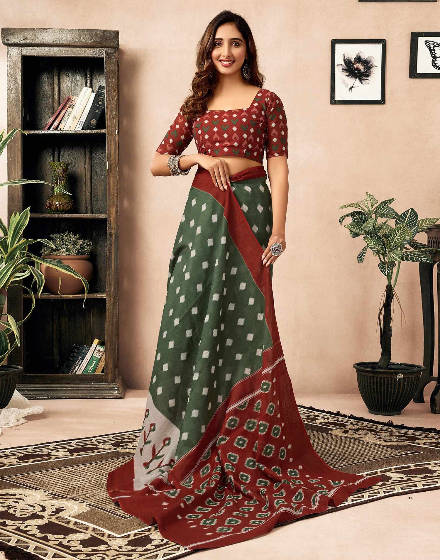 Ready To Wear Olive Green Cotton Ikkat Printed Saree With Pocket