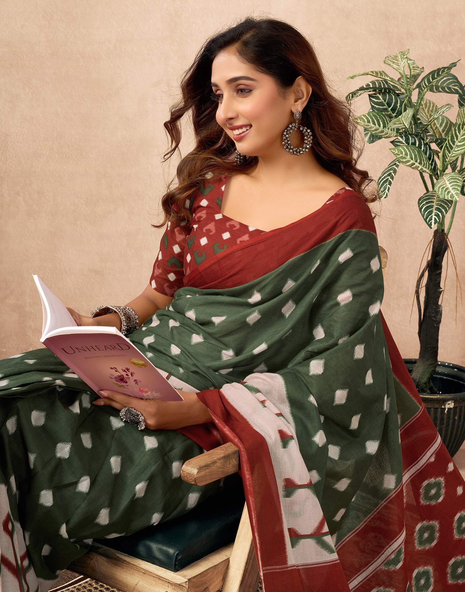 Ready To Wear Olive Green Cotton Ikkat Printed Saree With Pocket
