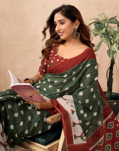 Ready To Wear Olive Green Cotton Ikkat Printed Saree With Pocket