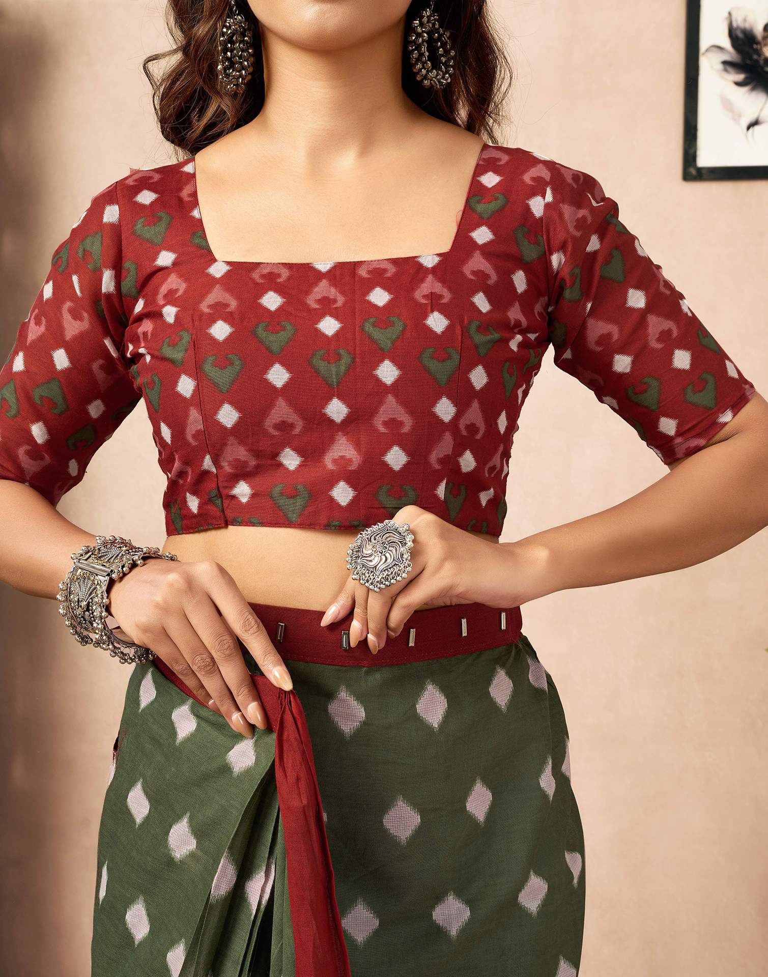 Ready To Wear Olive Green Cotton Ikkat Printed Saree With Pocket