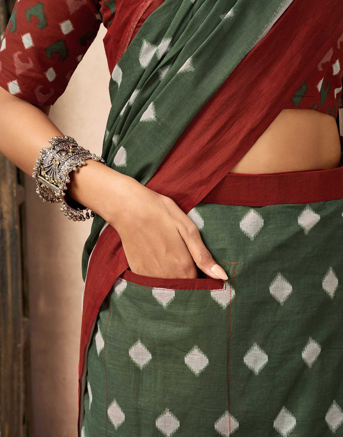 Ready To Wear Olive Green Cotton Ikkat Printed Saree With Pocket