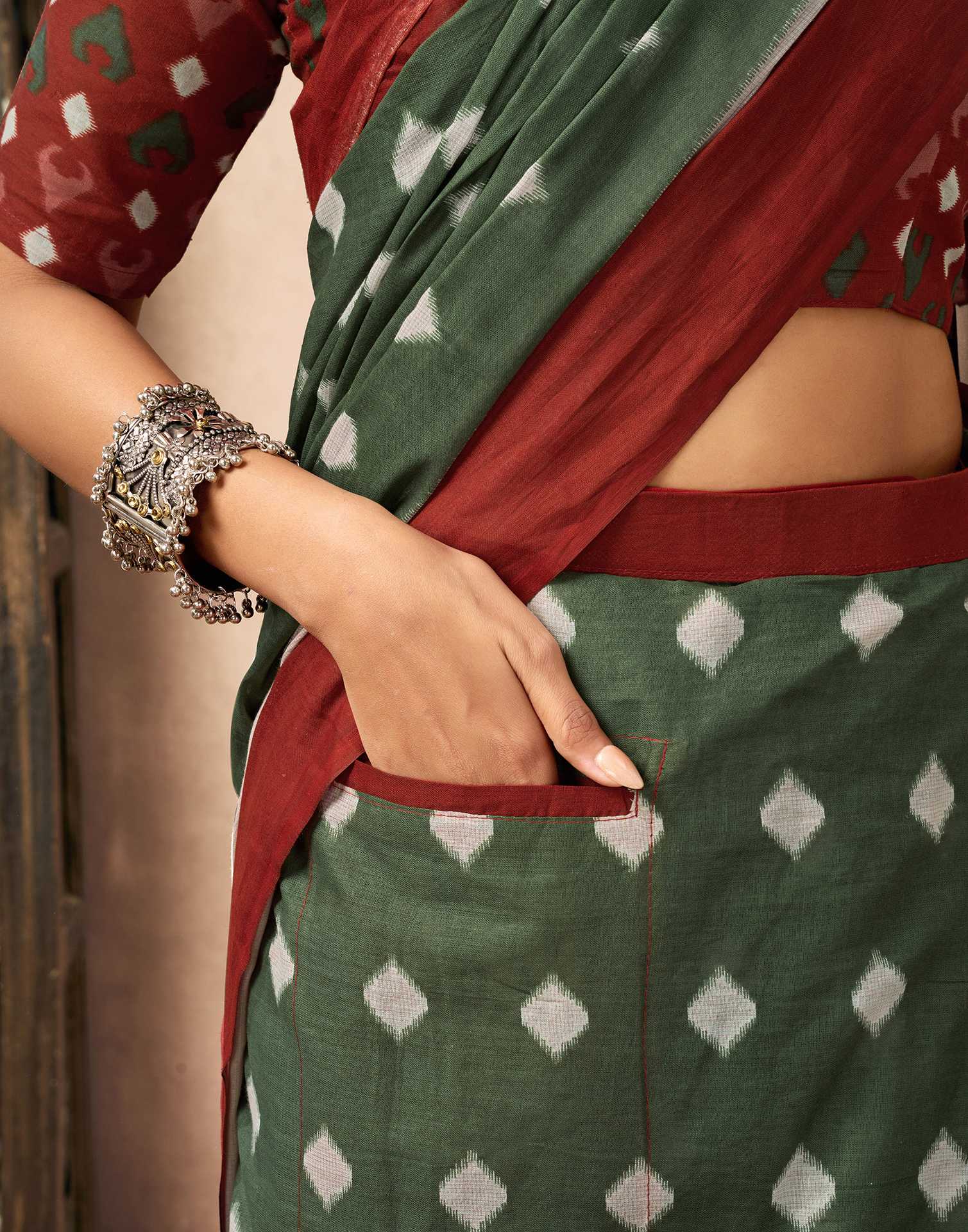 Ready To Wear Olive Green Cotton Ikkat Printed Saree With Pocket