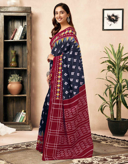 Ready To Wear Navy Blue Cotton Printed Saree