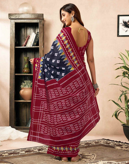 Ready To Wear Navy Blue Cotton Printed Saree