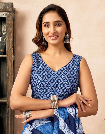 Ready To Wear Blue Cotton Printed Saree With Pocket