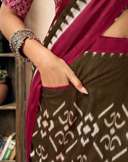 Ready To Wear Brown Cotton Printed Saree With Pocket