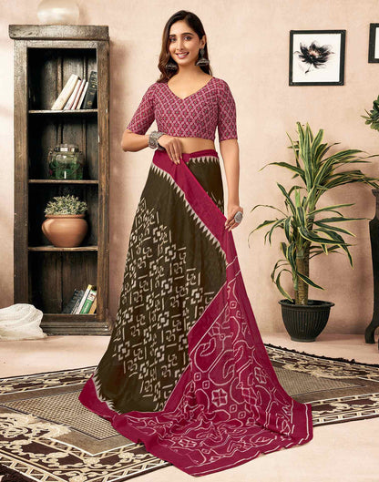 Ready To Wear Brown Cotton Printed Saree With Pocket