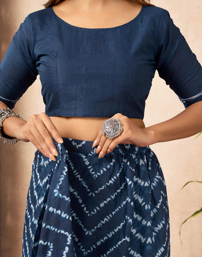 Ready To Wear Blue Cotton Printed Saree With Pocket