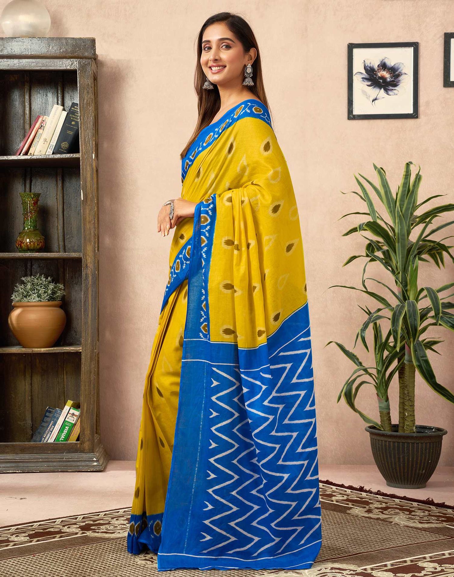 Ready To Wear Yellow Cotton Printed Saree With Pocket