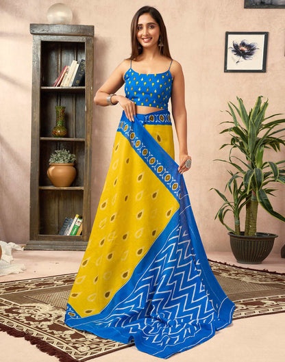 Ready To Wear Yellow Cotton Printed Saree With Pocket