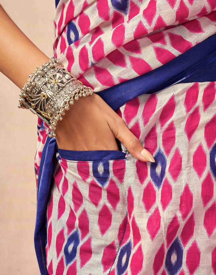 Ready To Wear Beige Cotton Printed Saree With Pocket