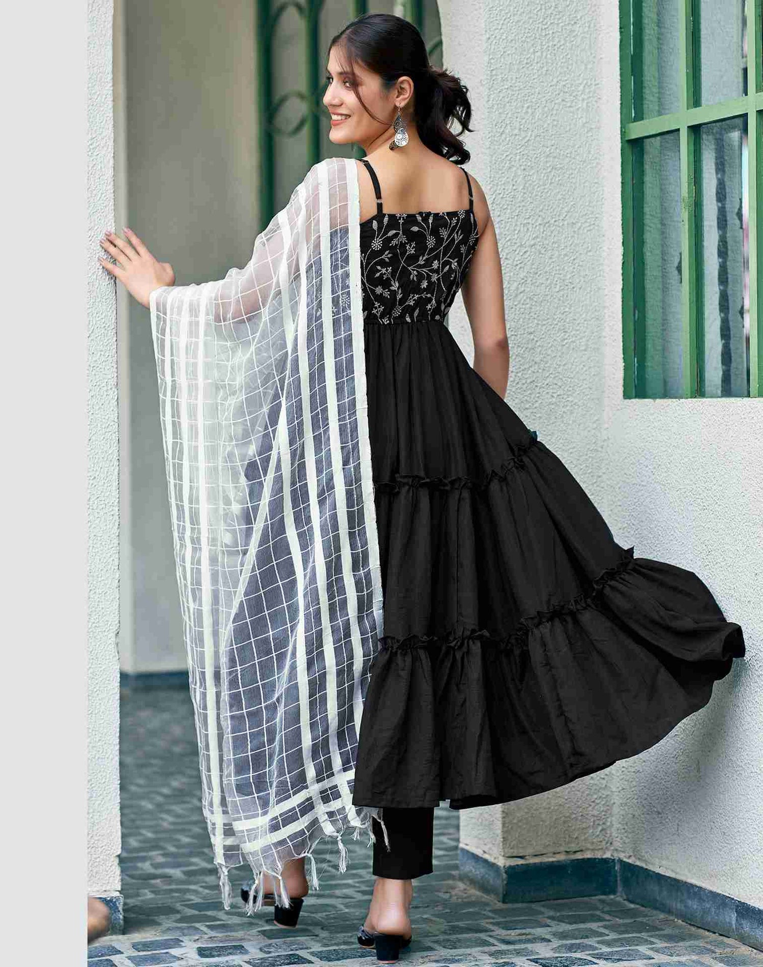 Black Plain Chinnon Flared Kurta With Pant And Dupatta