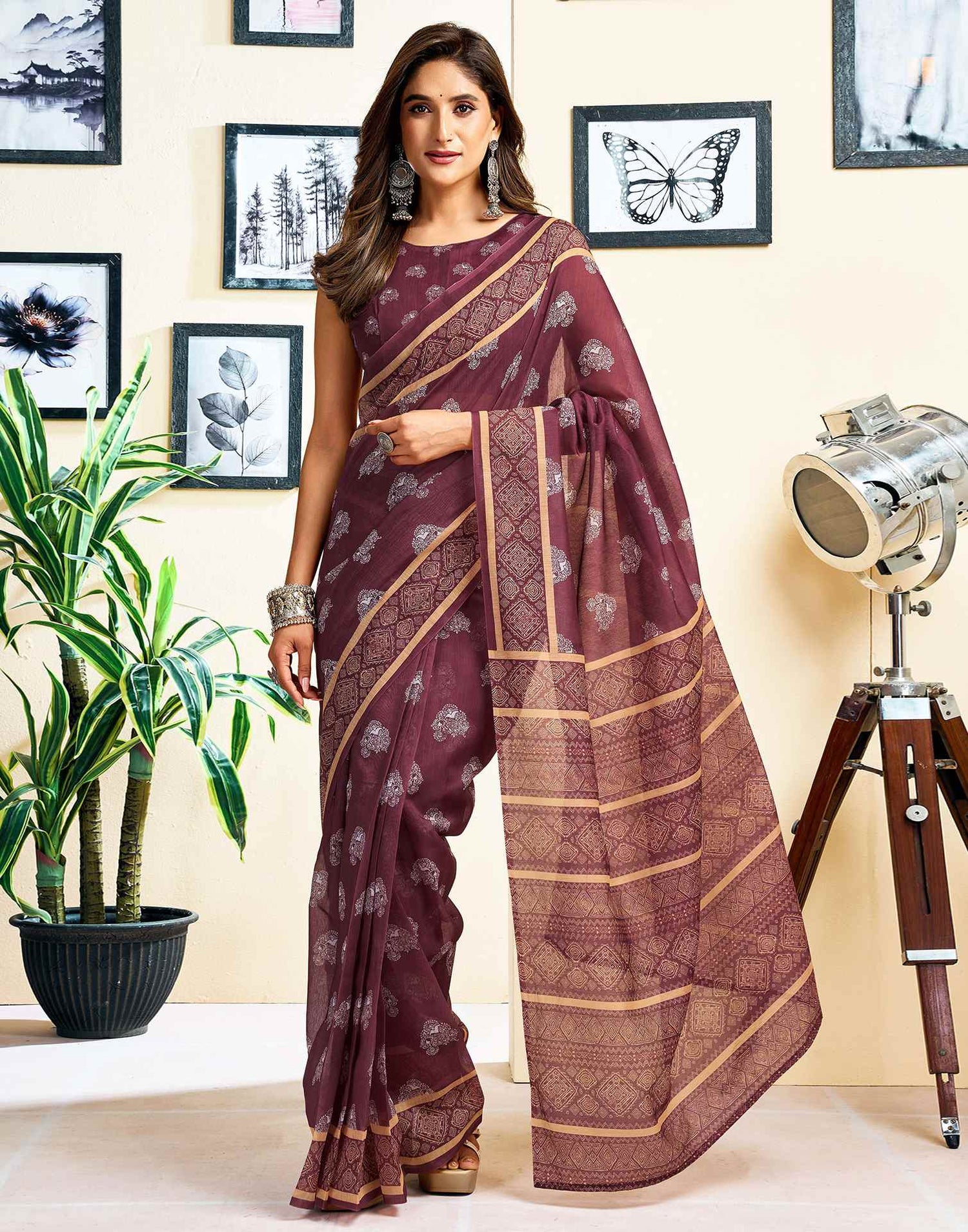 Ready To Wear Coffee Brown Chanderi Cotton Printed Saree