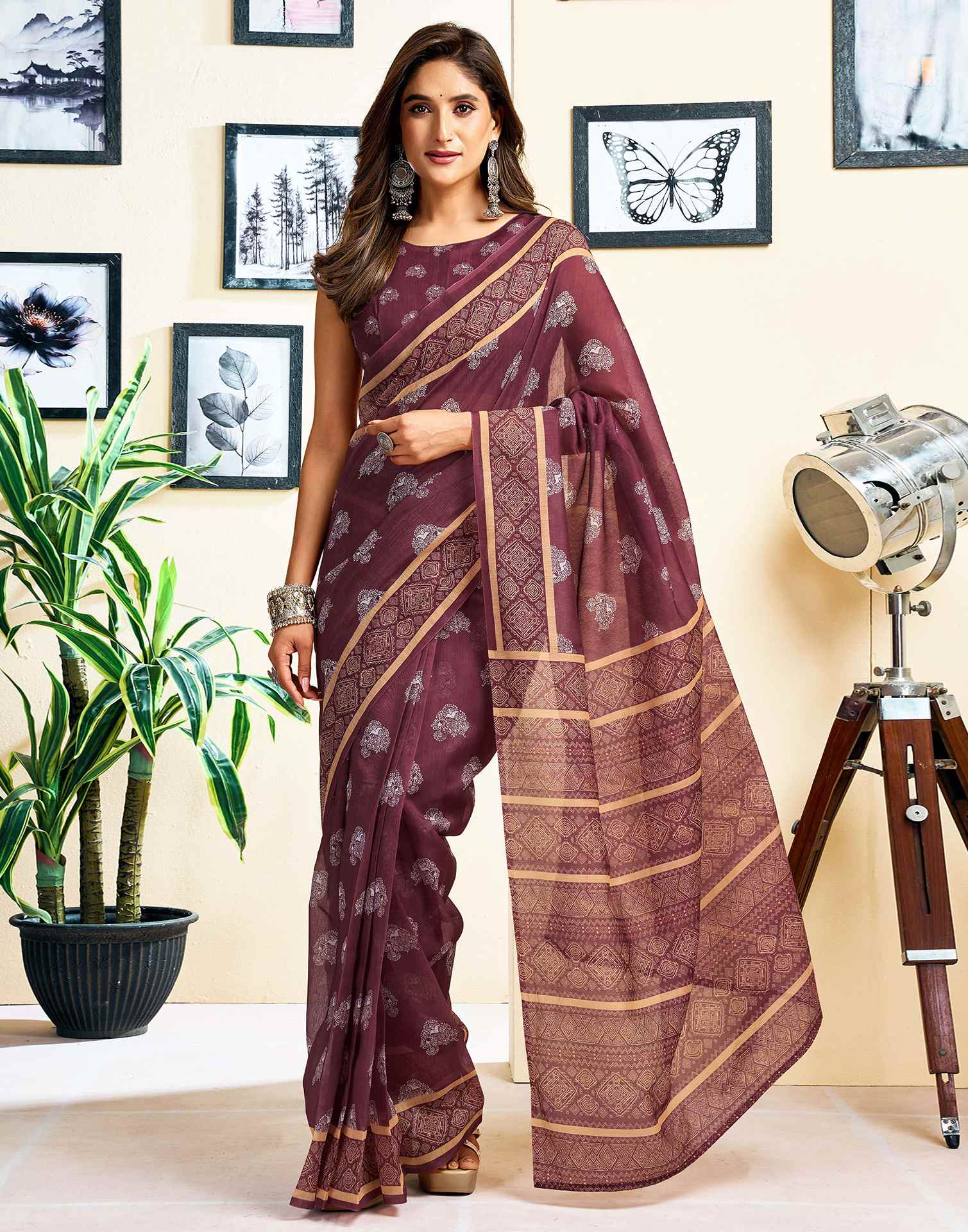 Ready To Wear Coffee Brown Chanderi Cotton Printed Saree