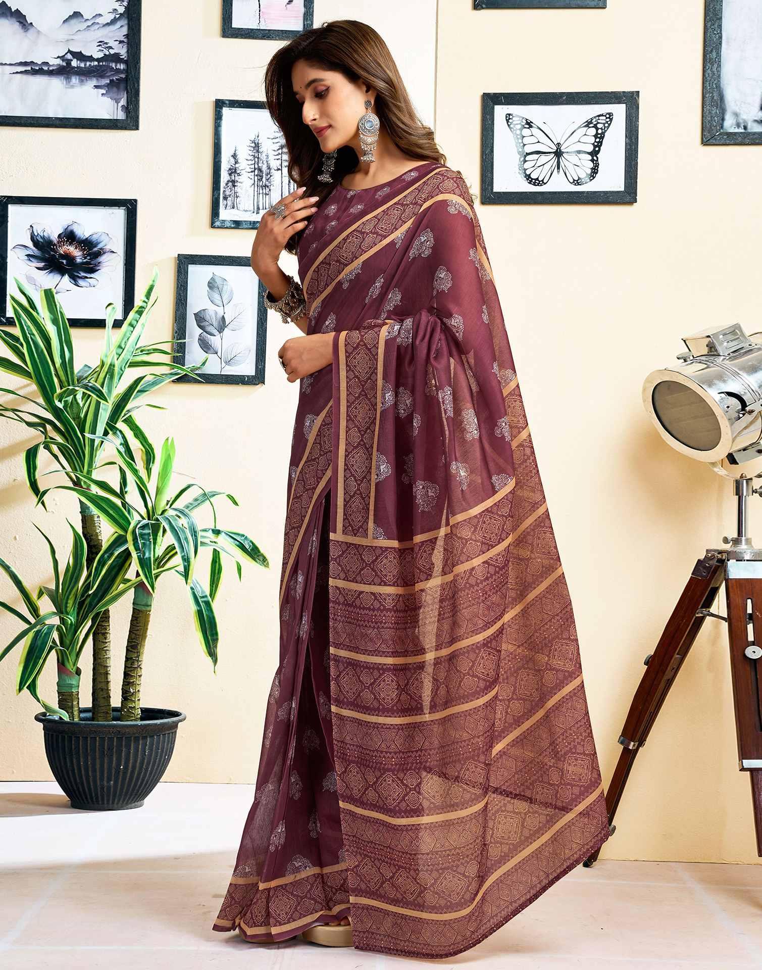 Ready To Wear Coffee Brown Chanderi Cotton Printed Saree