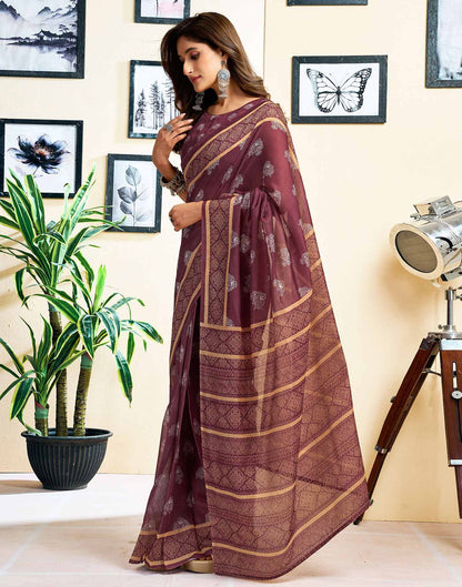 Ready To Wear Coffee Brown Chanderi Cotton Printed Saree