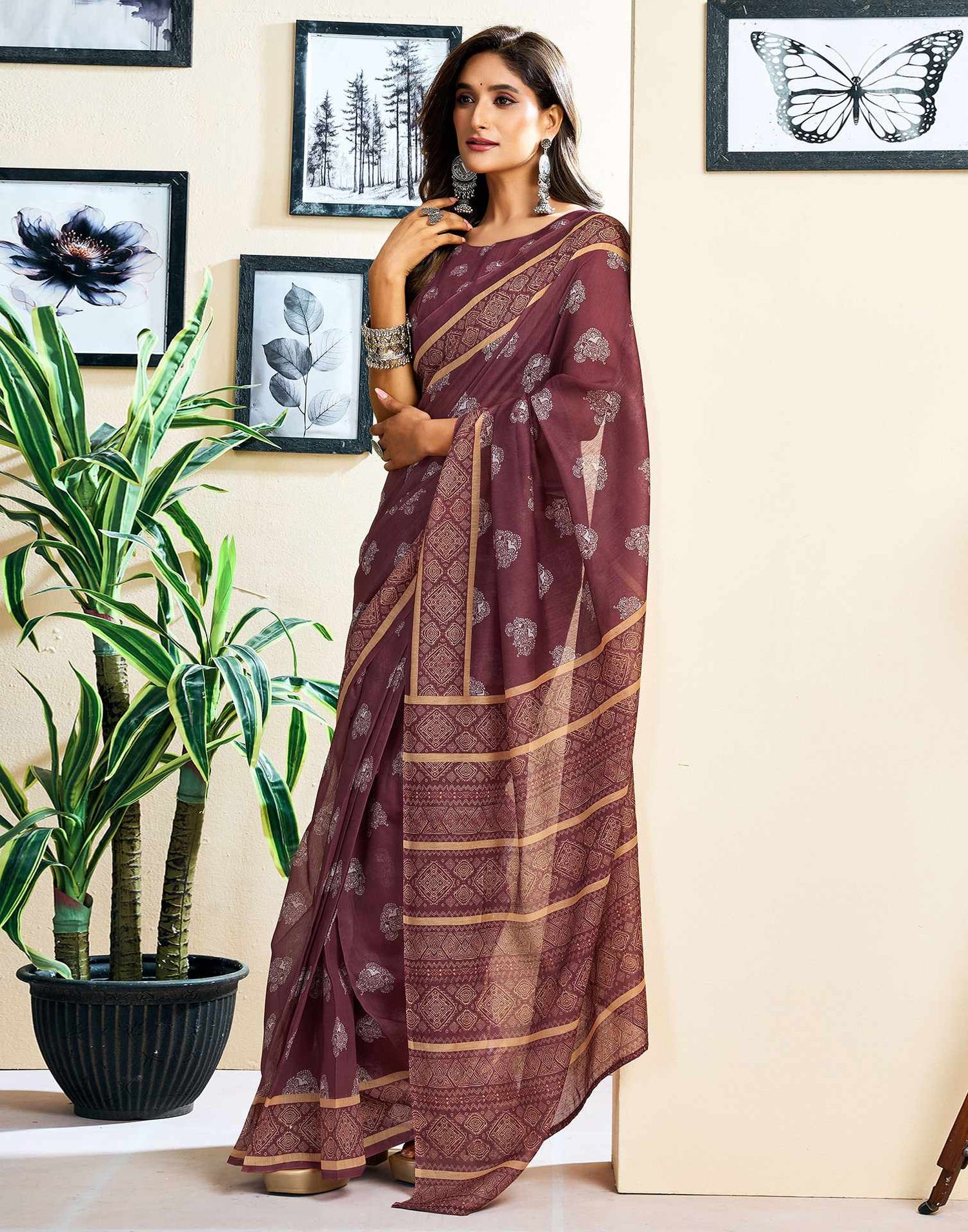 Ready To Wear Coffee Brown Chanderi Cotton Printed Saree