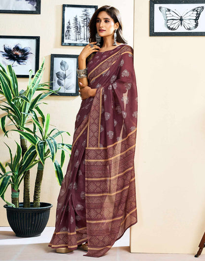 Ready To Wear Coffee Brown Chanderi Cotton Printed Saree