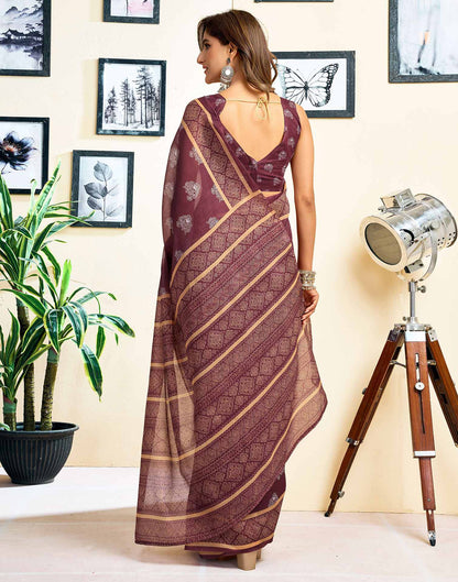 Ready To Wear Coffee Brown Chanderi Cotton Printed Saree