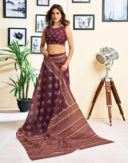 Ready To Wear Coffee Brown Chanderi Cotton Printed Saree