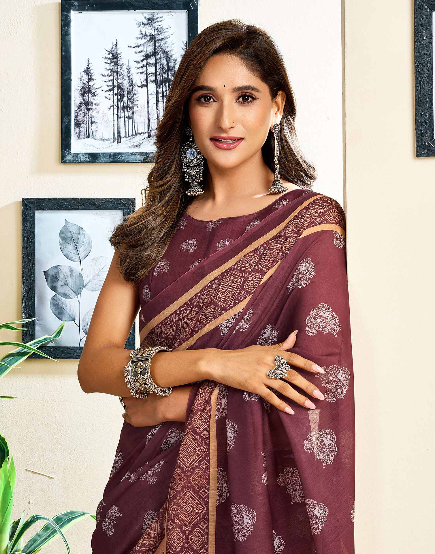 Ready To Wear Coffee Brown Chanderi Cotton Printed Saree