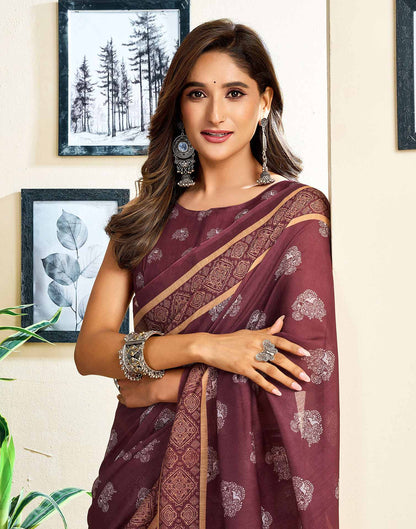 Ready To Wear Coffee Brown Chanderi Cotton Printed Saree