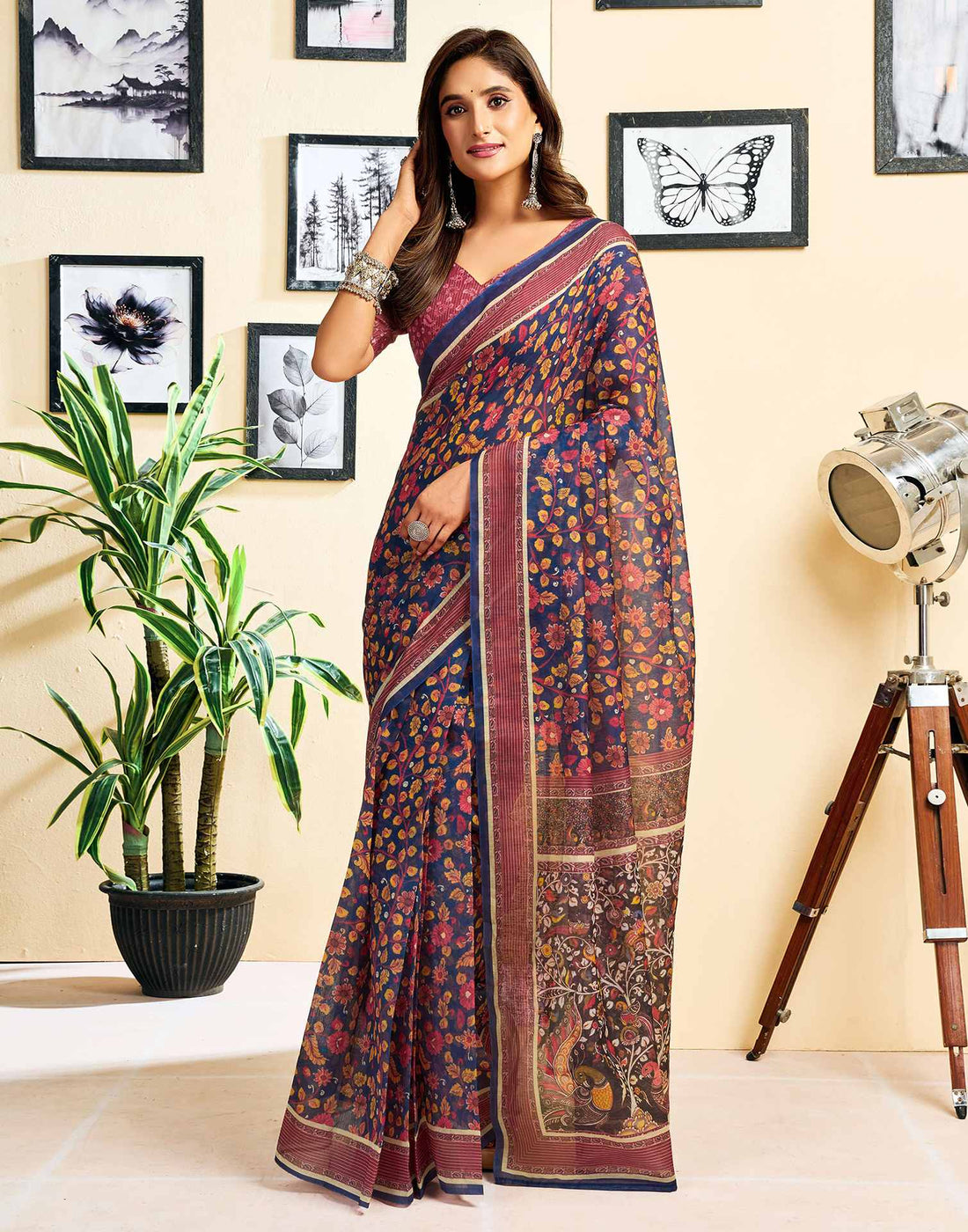 Ready To Wear Navy Blue Chanderi Cotton Printed Saree